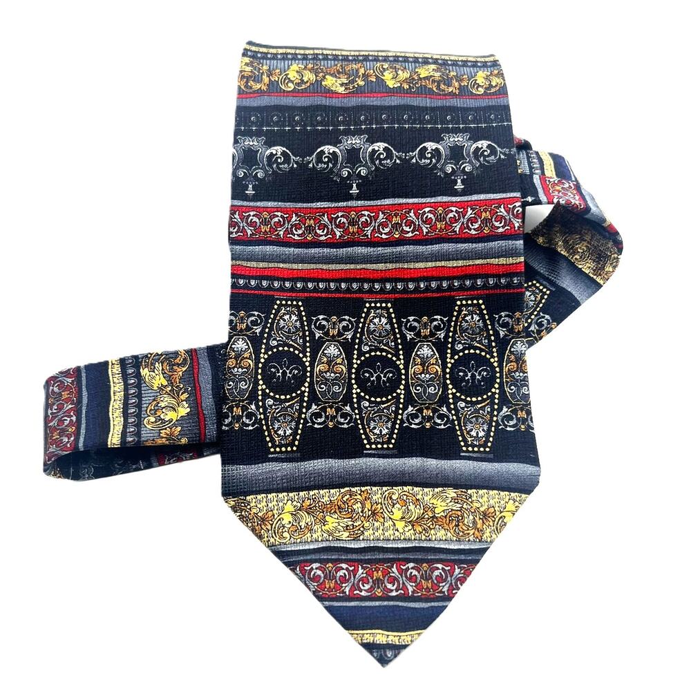 Daniel De Fasson All Silk Tie 59" x 4" Blue, Red, Gold Handmade in Korea